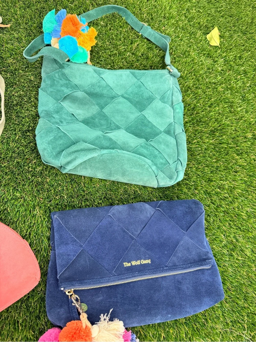 5 Pieces Teal Suede Quilted Kids Shoulder Bag with Pom Pom Charm